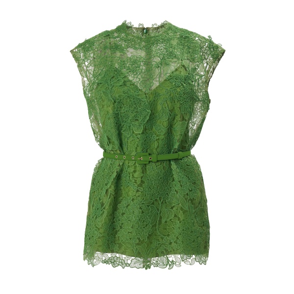 Carolina Herrera Hydrangea Lace Belted Top in Lawn Green