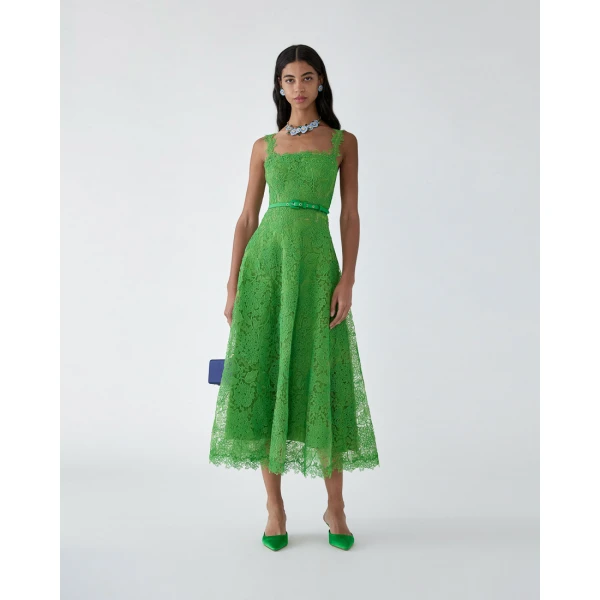 Carolina Herrera Hydrangea Lace Midi Dress in Lawn Green, view 2