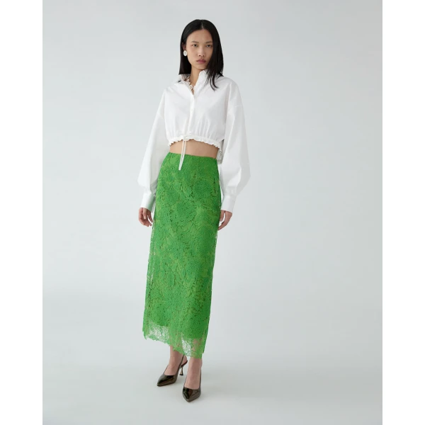 Carolina Herrera Hydrangea Lace Midi Slip Skirt in Lawn Green, view 4