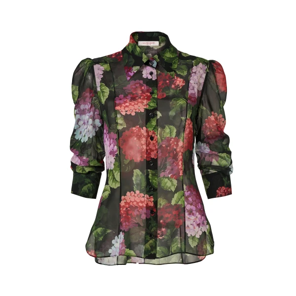 Hydrangea-Print Chiffon Blouse