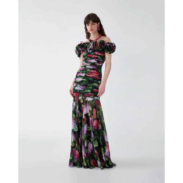 Carolina Herrera Hydrangea-Print Chiffon Off-Shoulder Gown, view 2