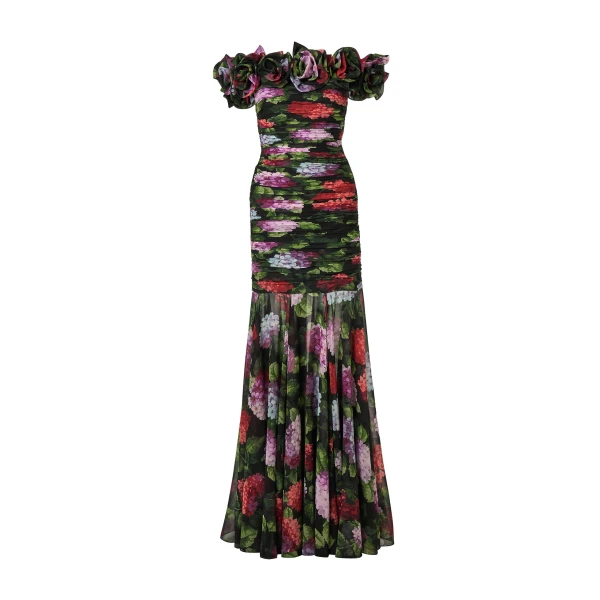 Hydrangea-Print Chiffon Off-Shoulder Gown