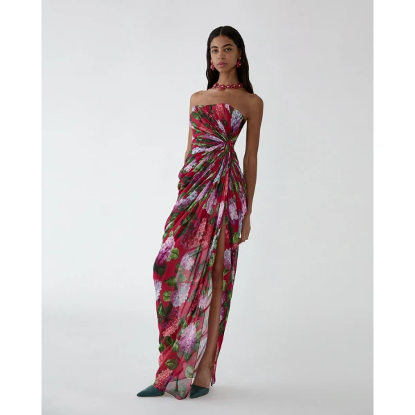 Carolina Herrera Hydrangea-Print Draped Chiffon Gown, view 4