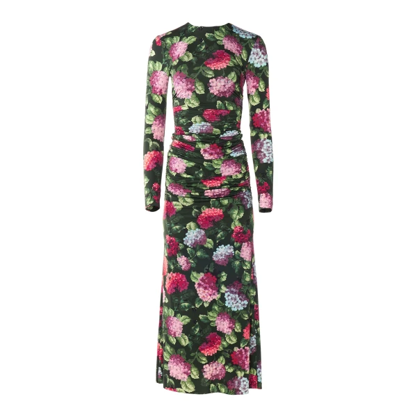 Hydrangea-Print Jersey Ruched Dress