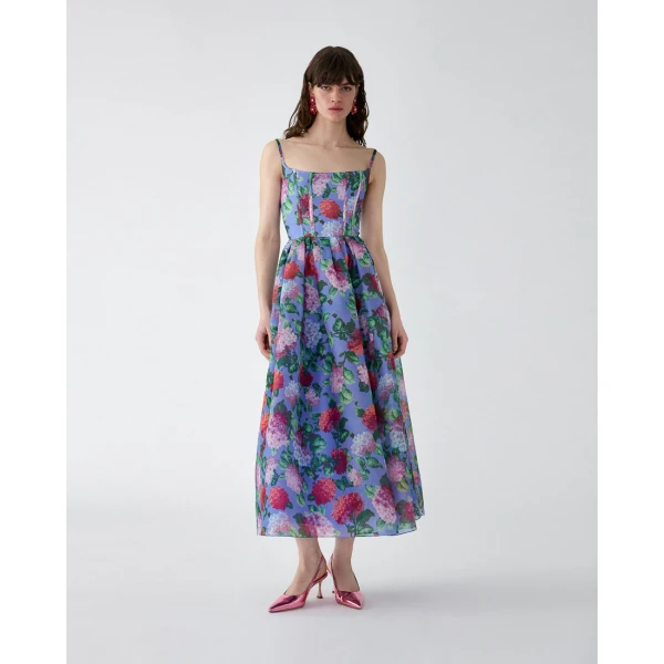 Carolina Herrera Hydrangea-Print Organza Midi Dress, view 5