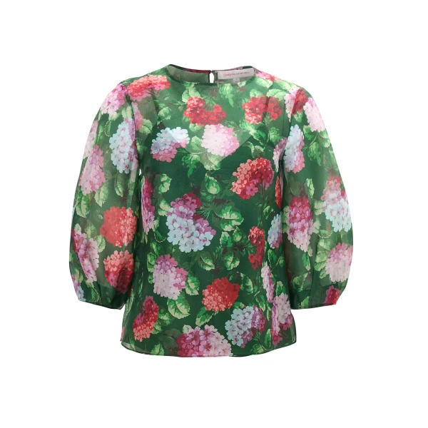 Hydrangea-Print Organza Puff-Sleeve Top