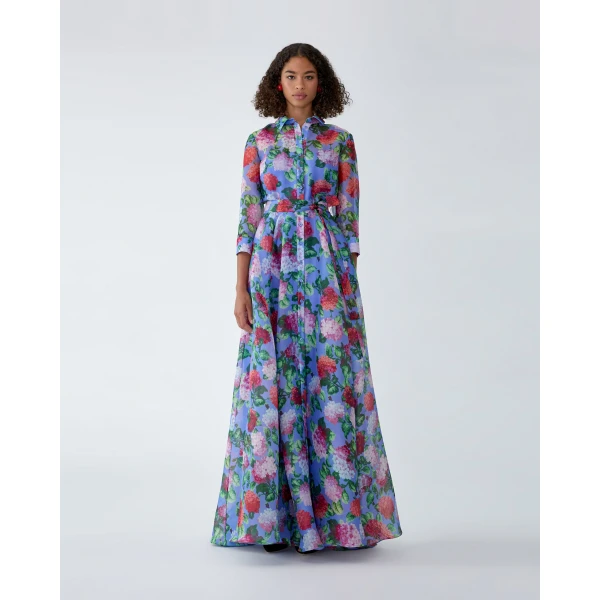 Carolina Herrera Hydrangea-Print Organza Trench Gown, view 2