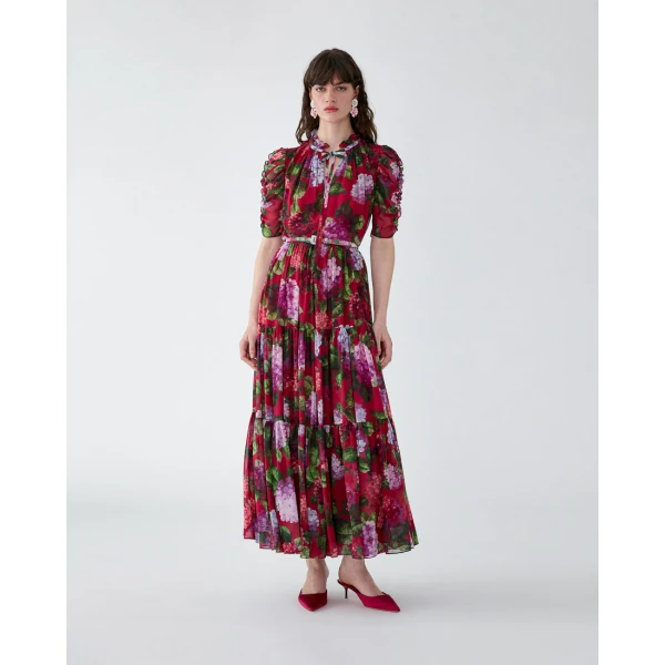 Carolina Herrera Hydrangea-Print Tiered Chiffon Dress, view 2