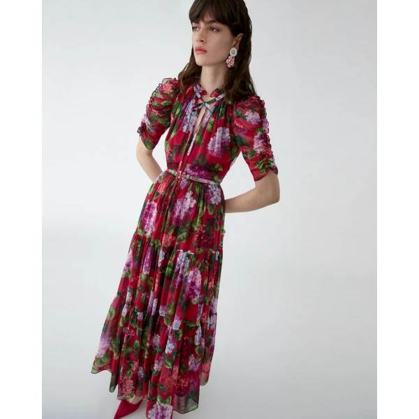 Carolina Herrera Hydrangea-Print Tiered Chiffon Dress, view 4