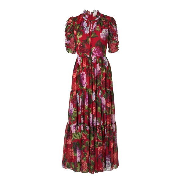 Carolina Herrera Hydrangea-Print Tiered Chiffon Dress