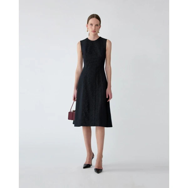 Carolina Herrera Lace-Embellished Denim Dress in Black, view 2