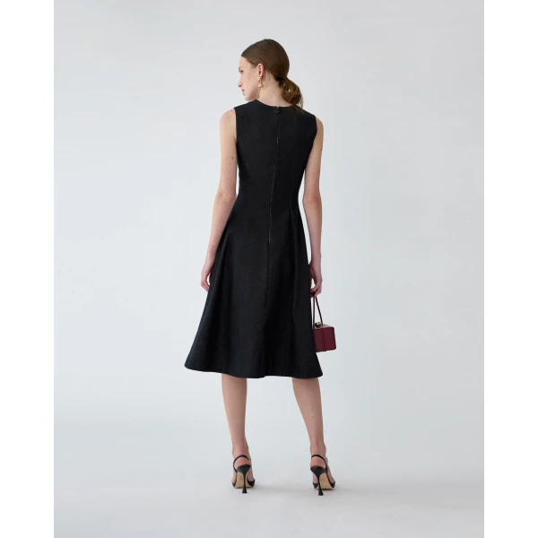 Carolina Herrera Lace-Embellished Denim Dress in Black, view 3