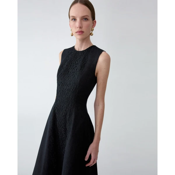 Carolina Herrera Lace-Embellished Denim Dress in Black, view 4