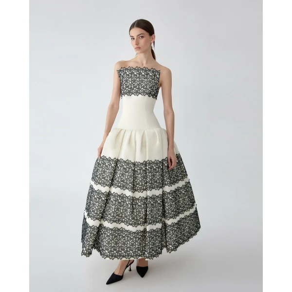 Carolina Herrera Lace-Trimmed Strapless Gown in Ceramic, view 4