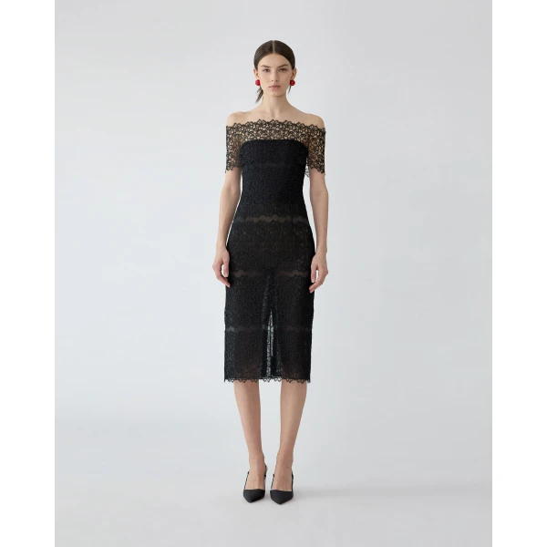 Carolina Herrera Lace-Trimmed Tulle Off-Shoulder Dress in Black, view 2