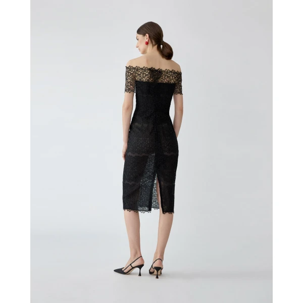 Carolina Herrera Lace-Trimmed Tulle Off-Shoulder Dress in Black, view 3