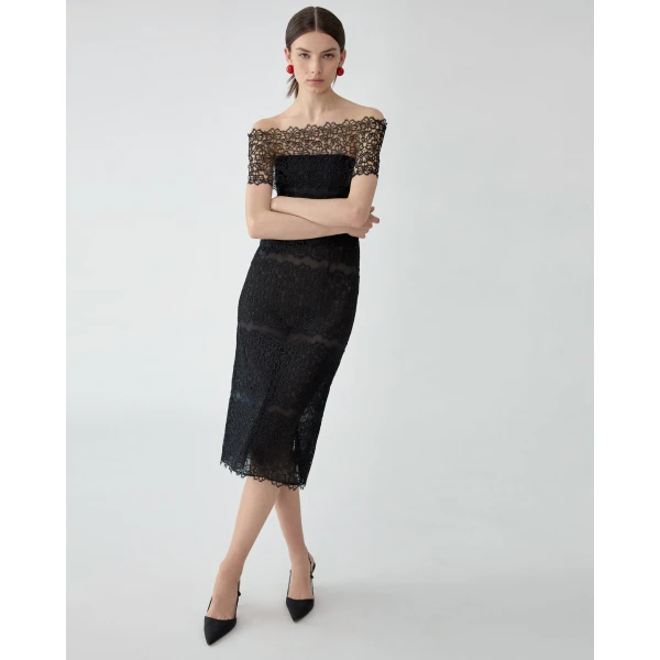 Carolina Herrera Lace-Trimmed Tulle Off-Shoulder Dress in Black, view 4