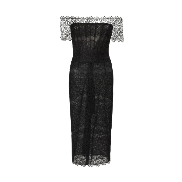 Lace-Trimmed Tulle Off-Shoulder Dress in Black
