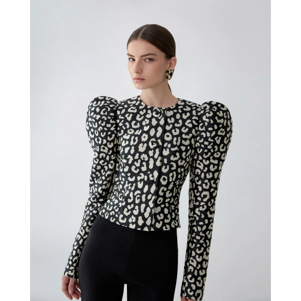Carolina Herrera Leopard Spot Jacquard Puff-Sleeve Jacket, view 4