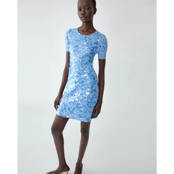 Carolina Herrera Lurex Mini Dress with Paillettes in Cloudy Blue, view 4
