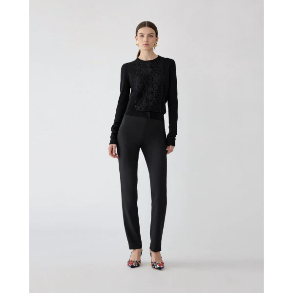 Carolina Herrera Merino-Silk Cardigan with Lace in Black, view 2