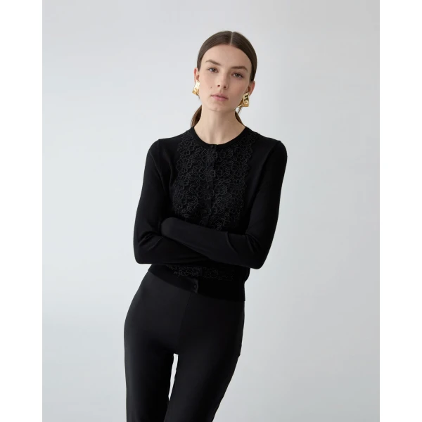 Carolina Herrera Merino-Silk Cardigan with Lace in Black, view 4