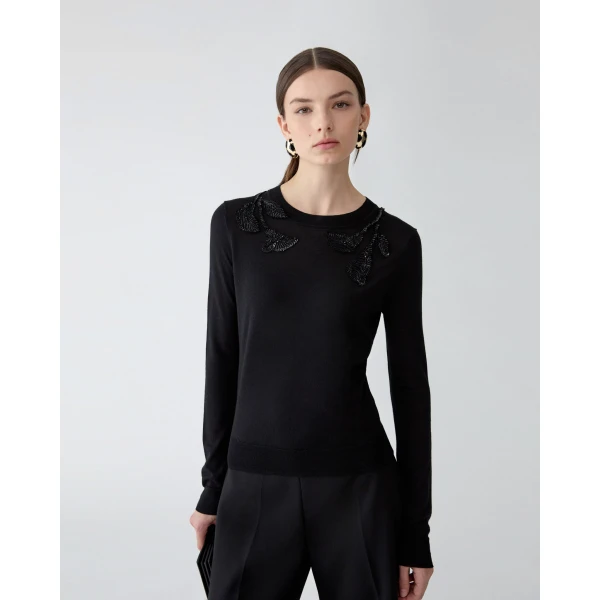 Carolina Herrera Merino-Silk Sweater with Floral Embroidery in Black, view 4