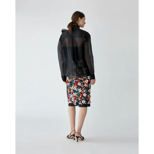 Multicolor Floral-Embroidered Organza Pencil Skirt - Image 3
