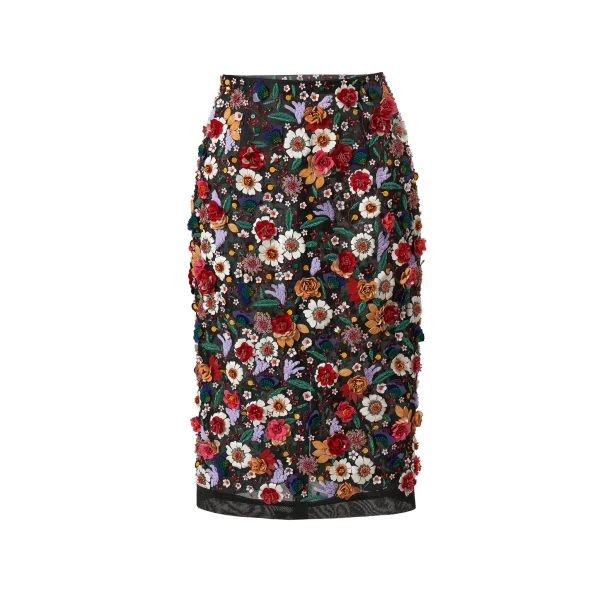 Multicolor Floral-Embroidered Organza Pencil Skirt