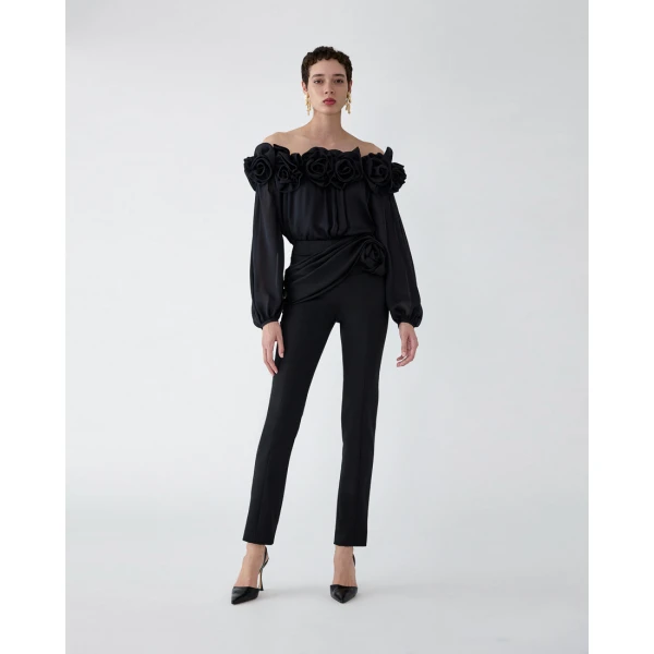 Carolina Herrera Off-Shoulder Chiffon Top with Rosettes in Black, view 2