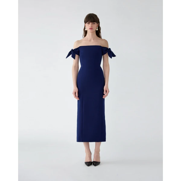 Carolina Herrera Off-Shoulder Midi Dress With Ties in Midnight, view 2