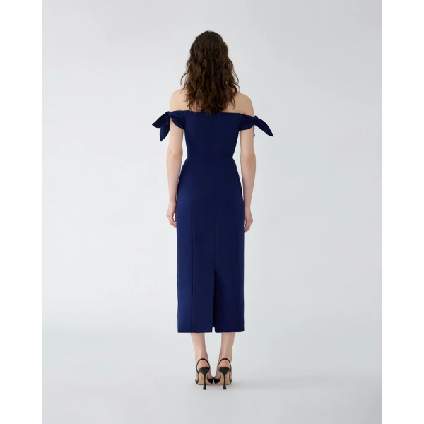 Carolina Herrera Off-Shoulder Midi Dress With Ties in Midnight, view 3