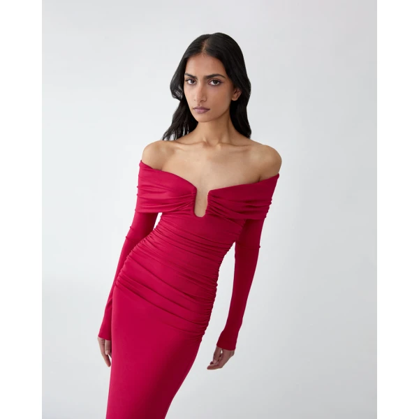 Carolina Herrera Off-Shoulder Ruched Midi Dress, view 4