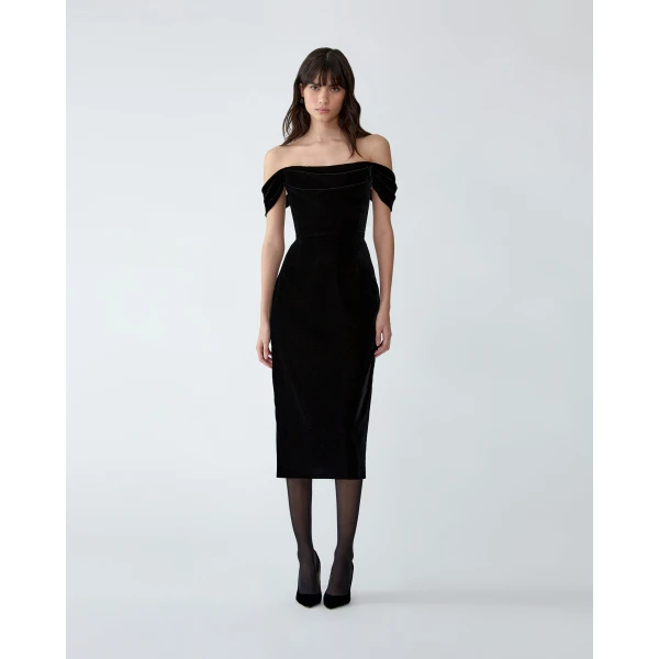 Carolina Herrera Off-Shoulder Stretch Velvet Midi Dress in Black, view 2