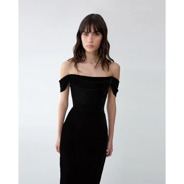 Carolina Herrera Off-Shoulder Stretch Velvet Midi Dress in Black, view 4