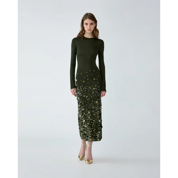 Carolina Herrera Paillette-Embroidered Knit Dress in Forest Green, view 2