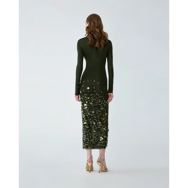 Carolina Herrera Paillette-Embroidered Knit Dress in Forest Green, view 3
