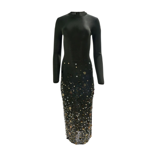 Paillette-Embroidered Knit Dress in Forest Green