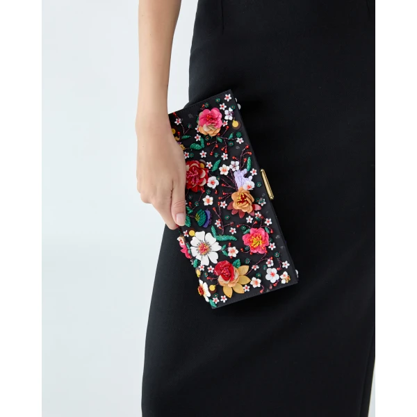 Carolina Herrera Pats Floral-Embroidered Satin Clutch, view 6