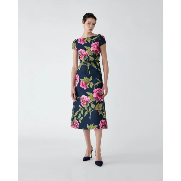 Carolina Herrera Peony Jacquard Belted Midi Dress, view 2