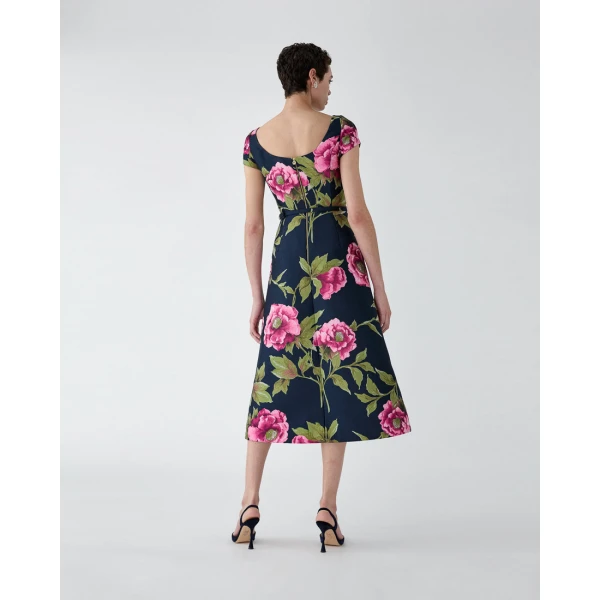 Carolina Herrera Peony Jacquard Belted Midi Dress, view 3