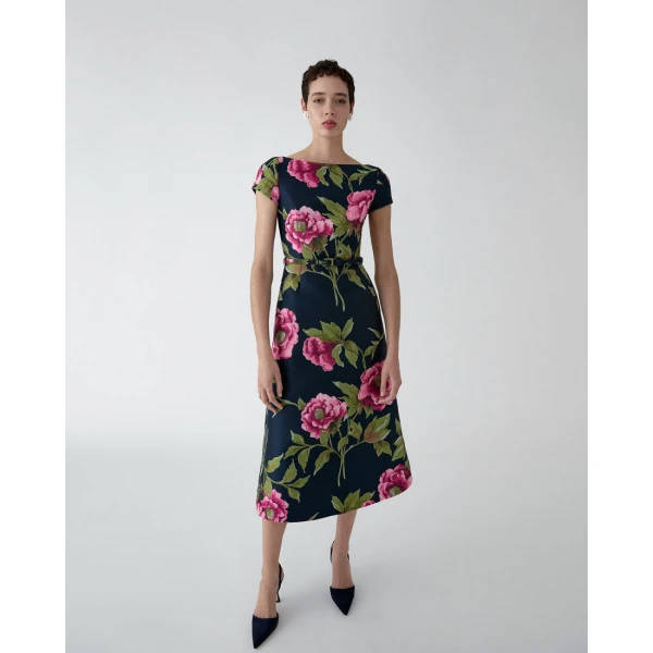 Carolina Herrera Peony Jacquard Belted Midi Dress, view 4