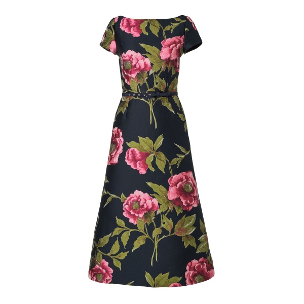 Carolina Herrera Peony Jacquard Belted Midi Dress