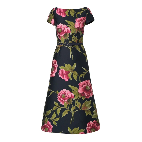 Carolina Herrera Peony Jacquard Belted Midi Dress