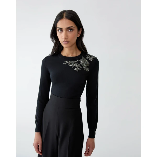 Carolina Herrera Pewter Floral-Embroidered Crewneck Sweater in Black, view 4