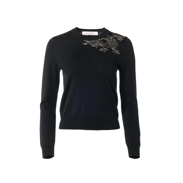 Carolina Herrera Pewter Floral-Embroidered Crewneck Sweater in Black
