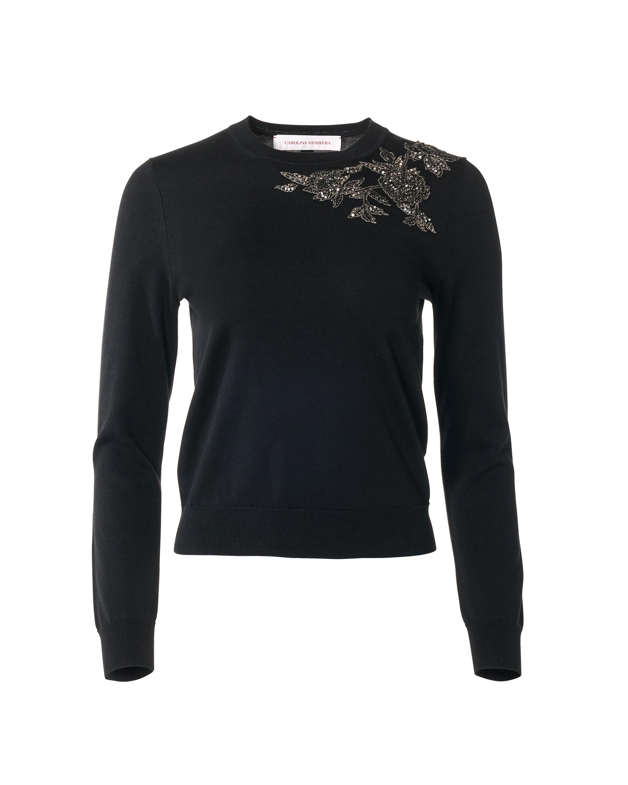 Carolina Herrera Pewter Floral-Embroidered Crewneck Sweater in Black | Knitwear | Coveti Carolina Herrera Pewter Floral-Embroidered Crewneck Sweater in Black