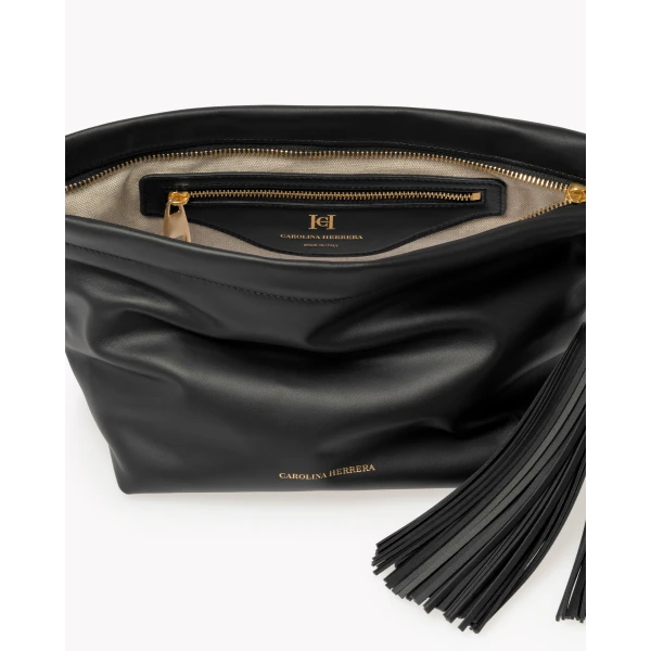 Carolina Herrera Pia Leather Clutch with Tassel in Black, view 3