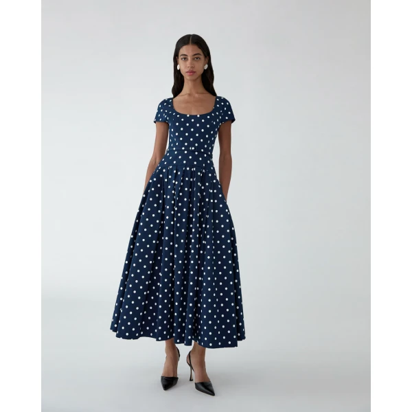 Carolina Herrera Polka Dot Scoop-Neck Midi Dress, view 4