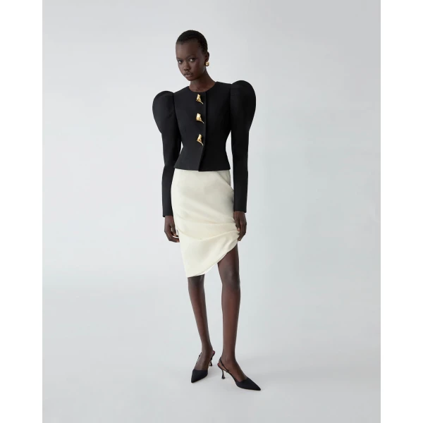 Carolina Herrera Puff Sleeve Jacket with Calla Lily Buttons in Black, view 4